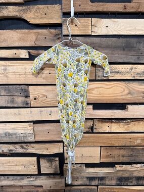 Bunny Knots Velveteen Baby 0/3 knotted gown in a yellow dandelion floral print